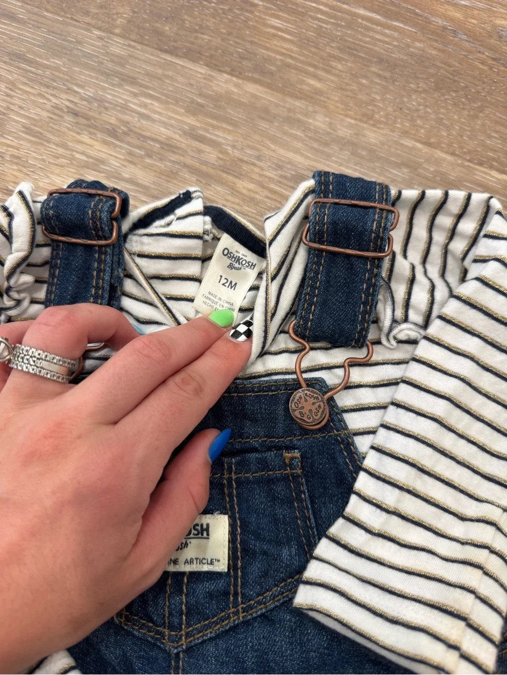 OshKosh B'gosh Navy Denim Overall Dress with Cream & Black Striped Top